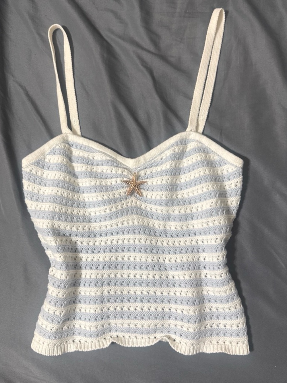 Aeropostale White & Light Blue Striped Crochet Cami with Star Accent